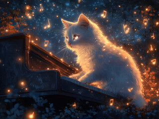 A magical fantasy scene featuring a white cat with glowing eyes playing