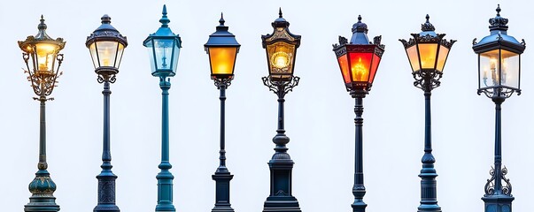 Obraz premium Illuminated vintage street lamps city square photograph urban close-up design