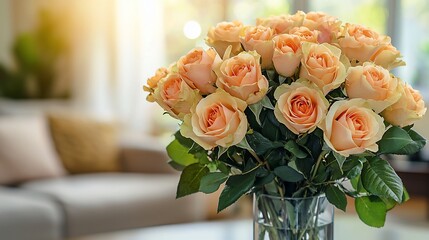 Obraz premium Peach roses in glass vase on table.