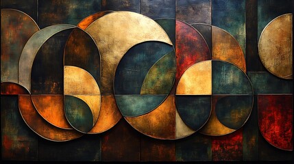 Abstract Gold Brown Green And Red Curving Geometric Art