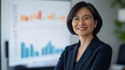 Fototapeta premium Senior happy smiling Asian businesswoman coach ceo presenting project research financial results to interns colleagues business partners team standing near board with statistics in modern office.