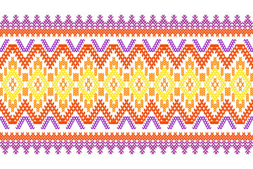 Ikat cross stitch geometric embroidery seamless knitted pattern on damask background. Perfect decorative design for sweater, fabric, decoration, illustration, ornament, texture, textile, interior