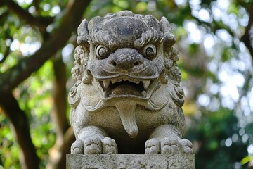 Obraz premium Stone lion guardian statue in park, green trees background; Asian culture, heritage.