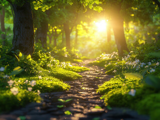 A serene forest path with sunbeams filtering through tree canopies