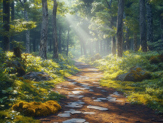A serene forest path with sunbeams filtering through tree canopies