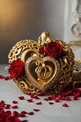 Obraz premium A luxurious gold heart-shaped jewelry piece paired with a vibrant red rose, symbolizing love, elegance, and passion. A perfect blend of romance and luxury.