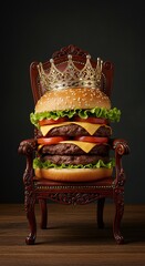 Burger with a crown on a royal chair