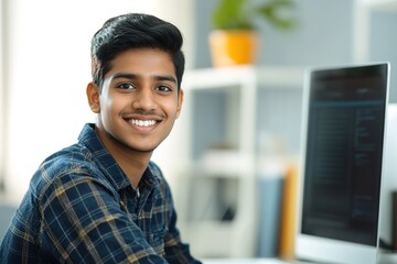 A young Indian man in casual attire is sitting at his desk, smiling as he looks directly into the camera with an open and friendly expression.