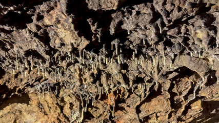 Close-up of intricate stalactite formations on a rugged cave ceiling, illustrating the natural wonder and geologic processes below the Earths surface