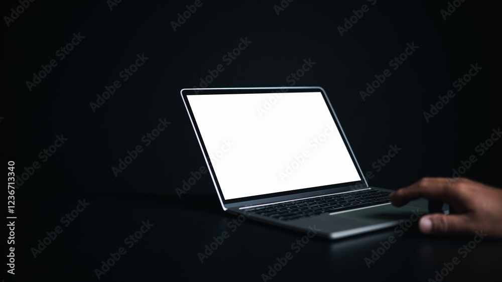 Fototapete workspace dark background new project on laptop computer with blank copy space screen for your adver