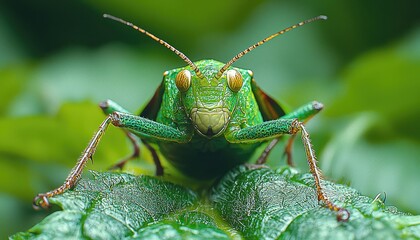 Fototapeta premium Vibrant Green Grasshopper Perched on Leaf