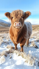 Highland cow calf snowy field winter landscape, livestock farming