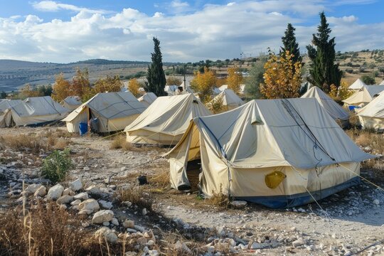 Rows of tents housing refugees in a temporary camp, highlighting displacement and humanitarian needs