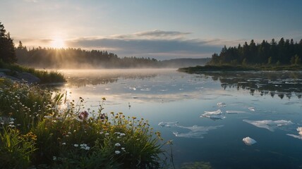 Misty Lake with Floating Wildflowers at Sunrise  