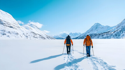 Hikers snowshoeing across frozen lake, majestic winter mountains backdrop.  Perfect for travel, adventure, and winter sports websites