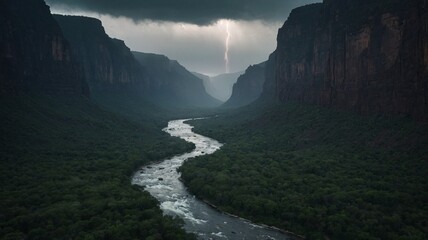 Misty Jungle Landscape with a Winding River Through a Valley