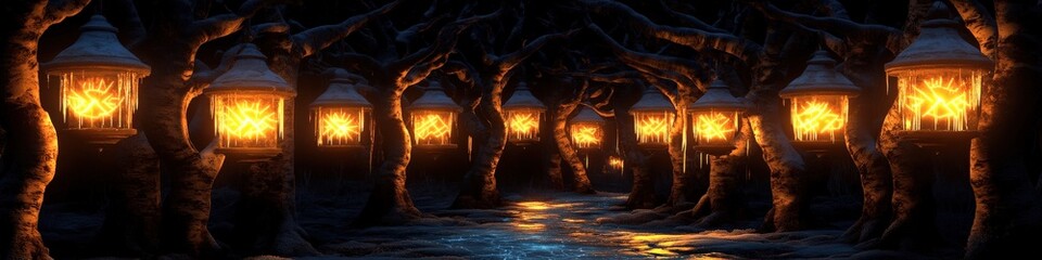 Naklejka premium Enchanting Forest Pathway Illuminated by Warm Glowing Lanterns, Surrounded by Mystical Twisted Trees and Reflective Water Surface Underneath Night Sky