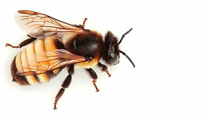 Honeybee in flight, isolated on white background, used for scientific research or educational purposes