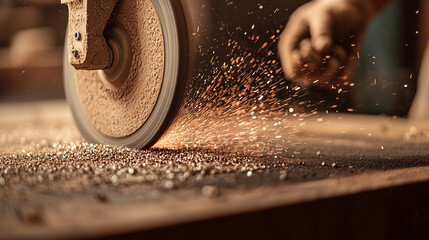 Obraz premium A close-up of an abrasive wheel in motion on a metal surface, sparks flying as it grinds, with a focused, gritty atmosphere and industrial lighting.