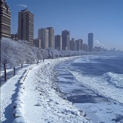 Snowy Chicago Lakefront Winter Scene with Skyscrapers and Icy Shoreline on a Clear Day Capturing Urban Architecture and Frozen Nature Contrast in December