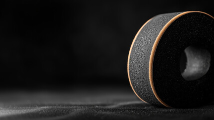 A high-contrast shot of an abrasive wheel on a plain black background, highlighting its rough material and sharp edges, with focused lighting creating dramatic shadows.