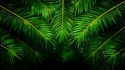 Fototapeta premium Lush green palm fronds, rain droplets, dark background, tropical nature