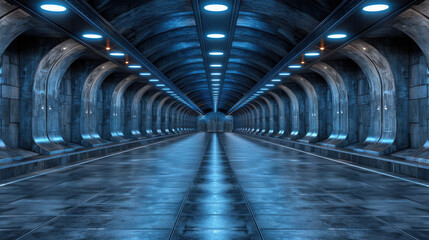 Modern concrete basement hall with blue lighting and symmetrical design, creating futuristic atmosphere