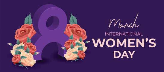 Happy International Women's Day March 8 Banner Vibrant Floral Design for Celebrating Women and Equality. Colorful Women's Day Wishes Background, Greeting Card, Web, Flyer, 8th March Holiday Concept