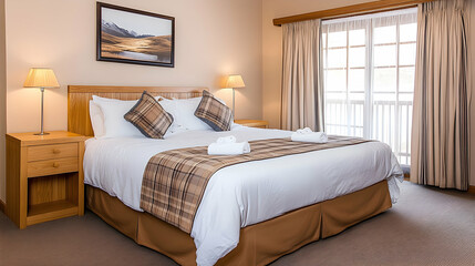 Luxurious mountain resort bedroom with king bed, balcony view, and plaid decor; ideal for travel brochures
