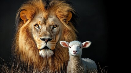 Fototapeta premium Peaceful Coexistence Majestic Lion and Innocent Lamb, Symbolic Portrait, Black Background