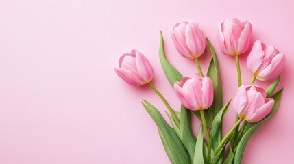 Soft and Romantic Pink Tulips Flat Lay on Isolated Pastel Background, Ideal for Mother’s Day or Valentine’s Day Celebration