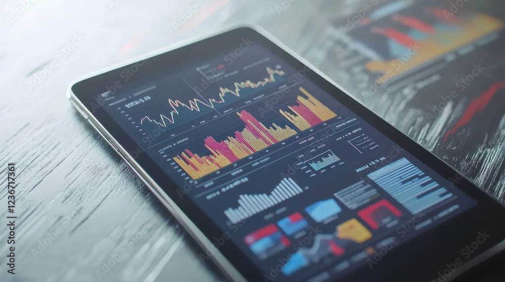 Poster smartphone application displaying business graphs and analytics data on an isometric mobile phone. i