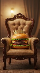 Burger with a crown on a royal chair