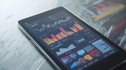 Smartphone application displaying business graphs and analytics data on an isometric mobile phone. It involves analyzing trends and financial strategies using infographic charts.