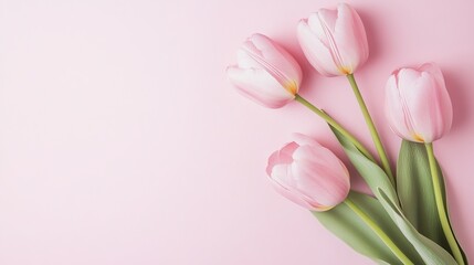 Fototapeta premium Soft and Romantic Pink Tulips Flat Lay on Isolated Pastel Background, Ideal for Mother’s Day or Valentine’s Day Celebration
