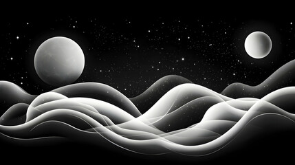 Monochromatic cosmic landscape serene waves under night sky with planets; ideal for backgrounds or sci-fi designs