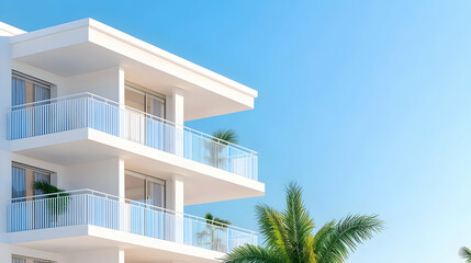 Obraz premium Modern white apartment building, sunny day, palm trees, tropical location, real estate advertisement