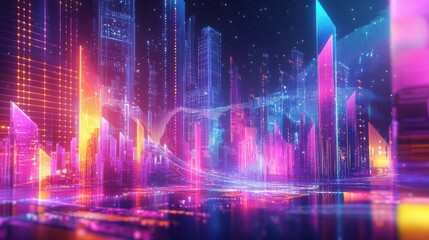 Obraz premium Futuristic digital visualization of economic policy influencing employment rates and workforce trends depicted through abstract data charts graphs and icons in a dynamic colorful conceptual design