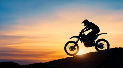 Naklejka premium Motocross rider silhouetted against sunset, hill climb, adventure, freedom, sports