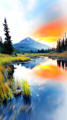 Obraz premium Mountain lake sunrise reflection, peaceful nature scene, ideal for travel brochures