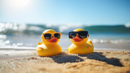 Obraz premium Yellow rubber duck wearing sunglasses sitting on a sandy beach