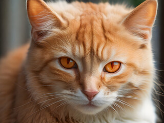 Ginger Cat Portrait: Close-up portrait of an orange tabby cat with intense amber eyes, showcasing its striking fur pattern and captivating gaze. The cat's expression is alert and engaging.  