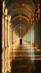 Obraz premium Man Walking In A Grand Hall, Golden Interior, Palace Architecture, Archways, Columns, Russia