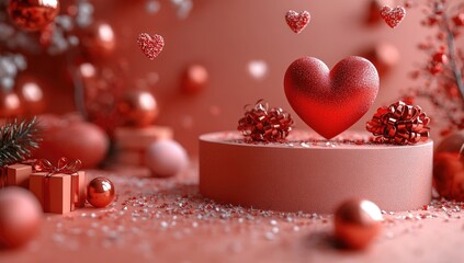 Fototapeta premium Red Glitter Heart Valentine's Day Scene