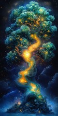 Magical tree of light enchanted forest digital nighttime fantasy