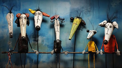 A painting of funny colorful 3d cartoon puppets caricatures of people and animals.with colorful background.