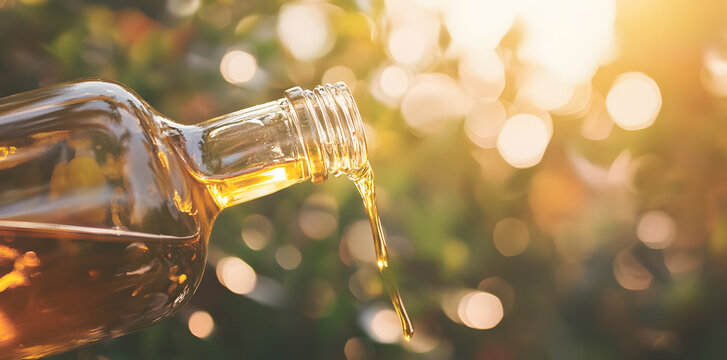 Hand pouring golden oil from a glass bottle over a blurred green nature background, with a closeup view and ample copy space for text and web banner design