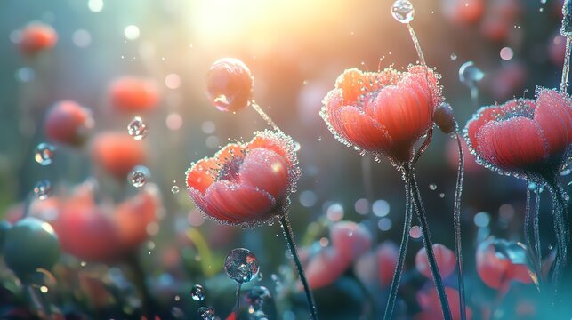 Vibrant blooming flowers with dew drops.