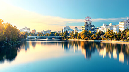 Fototapeta premium Peaceful sunrise over Hiroshima Peace Memorial Park lake, reflecting city skyline; ideal for travel brochures