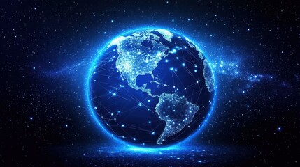 Fototapeta premium Digital, blue-glowing global network concept with light connections around the Earth planet, a business and connectivity technology background. Big data information exchange online on a dark backdrop